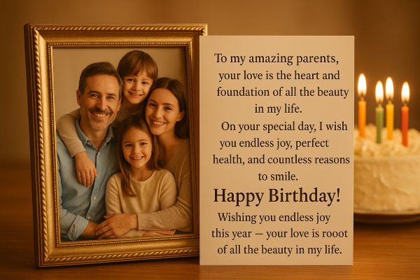 Heartfelt Birthday Wishes for Family Members Wish: "To the most incTo my amazing parents, your love is the heart and foundation of all the beauty in my life. redible parents in the world, your love has been the foundation of everything beautiful in my life. On your special day, I wish you endless joy, perfect health, and countless reasons to smile. Happy Birthday! Wishing you endless joy this year — your love is the root of all the beauty in my life."