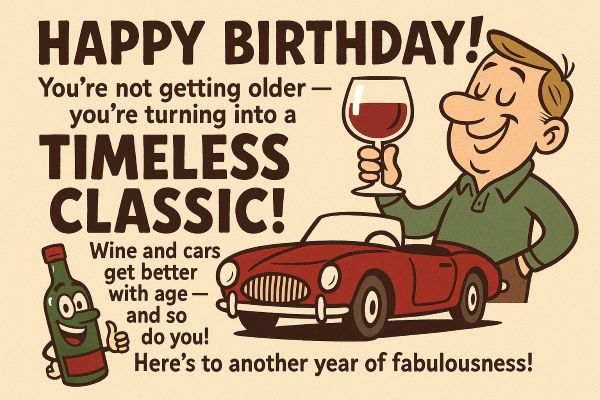 Wish: "Happy Birthday! You’re not getting older — you’re turning into a timeless classic!. Wine and cars get better with age and so do you! Here is to another year of fabulousness!"
