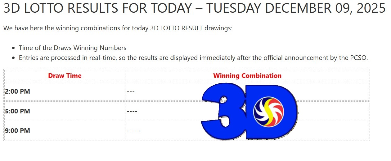 3D LOTTO RESULTS FOR TODAY