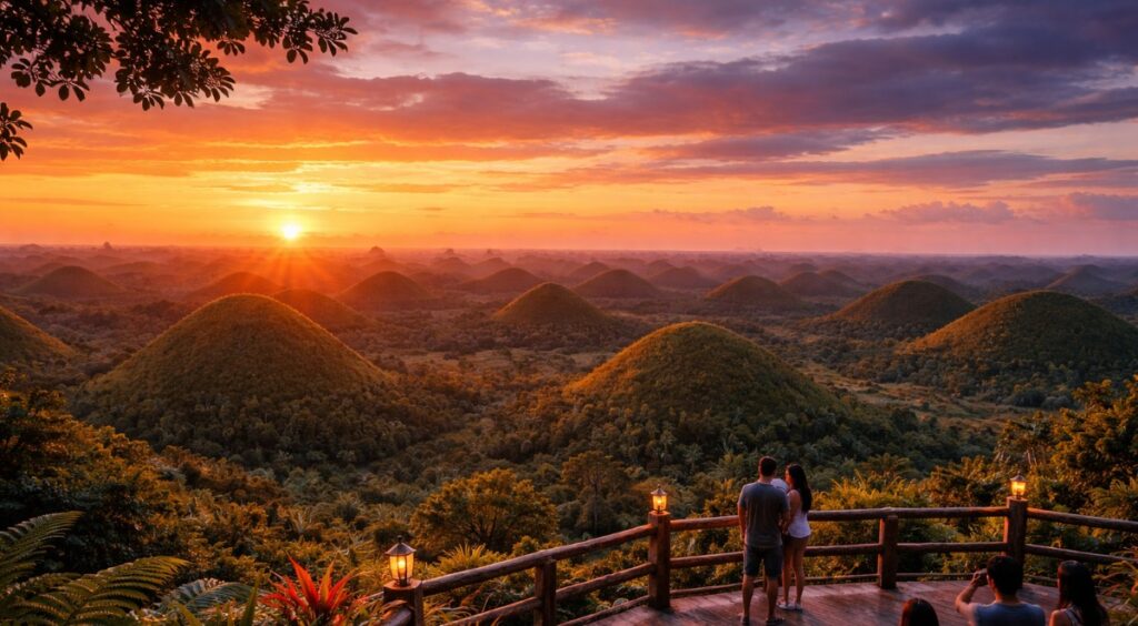 Sunset view of the Chocolate Hills from a viewpoint